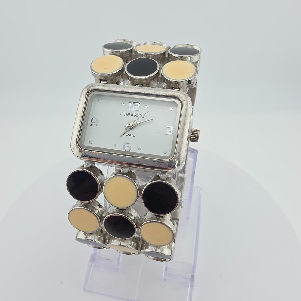 Vtg MAURICES Ladies Watch Cream & Black Enamel Dots Silver Tone 6.75" New Batt.